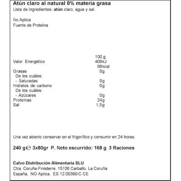 Atún Claro Al Natural 0% Materia Grasa CALVO 3x80 G 4 Atún Claro Al Natural 0% Materia Grasa CALVO 3x80 G - Imagen 2