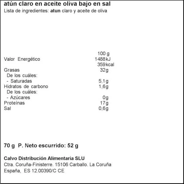 Atún Claro En Aceite De Oliva Bajo En Sal CALVO 4x65g. 4 Atún Claro En Aceite De Oliva Bajo En Sal CALVO 4x65g. - Imagen 2