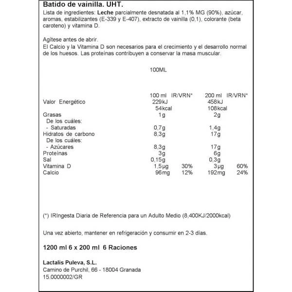 Batido Sabor Vainilla PULEVA 6x200ml. 4 Batido Sabor Vainilla PULEVA 6x200ml. - Imagen 2
