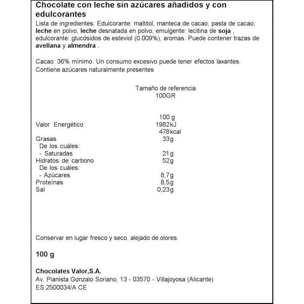 Chocolate Con Leche Sin Azúcar Añadido VALOR 100g. 4 Chocolate Con Leche Sin Azúcar Añadido VALOR 100g. - Imagen 2
