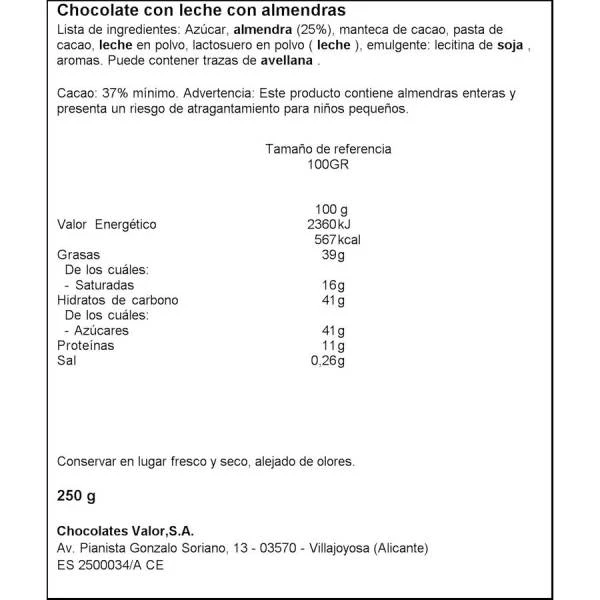 Chocolate Con Leche Y Almendras VALOR 250g. 4 Chocolate Con Leche Y Almendras VALOR 250g. - Imagen 2