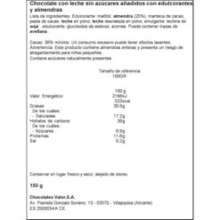 Chocolate Con Leche Y Almendras Sin Azúcar Añadido VALOR 150g. -Alimentación Especializadas Tienda chocolate con leche y almendras valor sin azucar 1