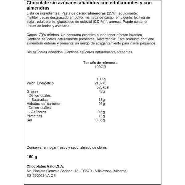 Chocolate Negro 70% Con Almendras Sin Azúcar Añadido VALOR 150g. 4 Chocolate Negro 70% Con Almendras Sin Azúcar Añadido VALOR 150g. - Imagen 2