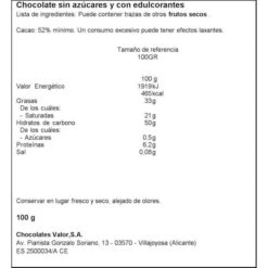 Chocolate Puro Sin Azúcar Añadido VALOR 100g. -Alimentación Especializadas Tienda chocolate puro sin azucar valor 1