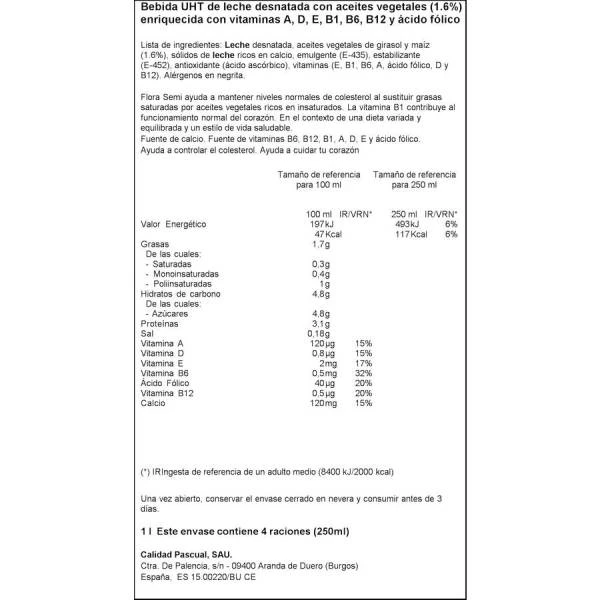 Leche Semidesnatada Folic B FLORA 1l. 4 Leche Semidesnatada Folic B FLORA 1l. - Imagen 2
