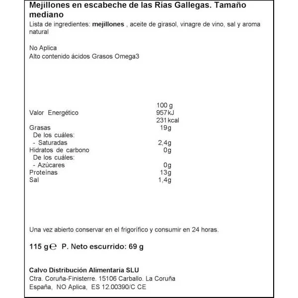 Mejillones En Escabeche 8/12 CALVO 115g. 4 Mejillones En Escabeche 8/12 CALVO 115g. - Imagen 2