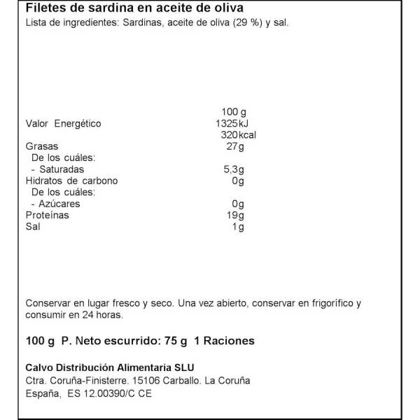 Filetes De Sardina En Aceite De Oliva CALVO 100g. 4 Filetes De Sardina En Aceite De Oliva CALVO 100g. - Imagen 2