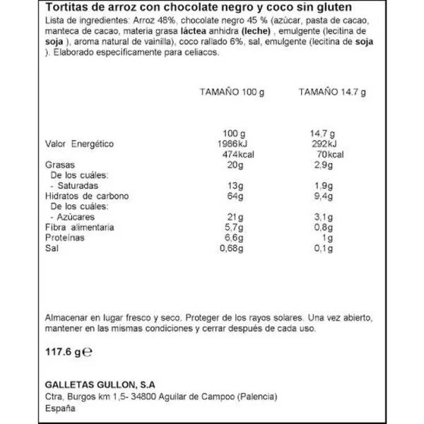 Tortitas De Arroz Con Coco Y Chocolate Negro VITALDAY GULLÓN 117,6g. 4 Tortitas De Arroz Con Coco Y Chocolate Negro VITALDAY GULLÓN 117,6g. - Imagen 2