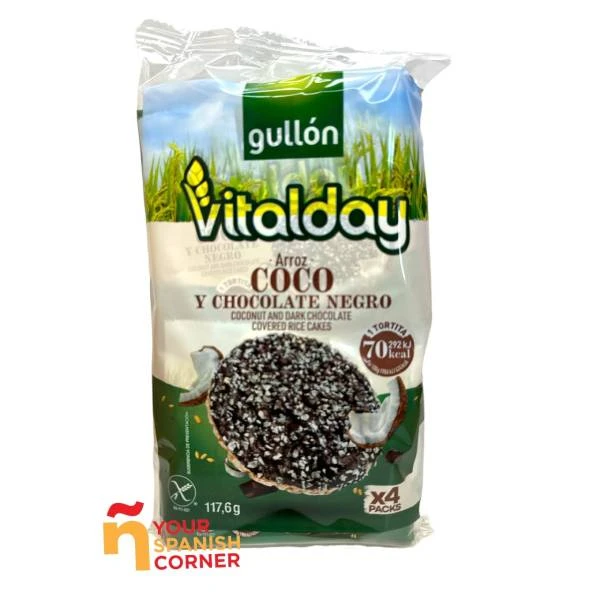 Tortitas De Arroz Con Coco Y Chocolate Negro VITALDAY GULLÓN 117,6g. 3 Tortitas De Arroz Con Coco Y Chocolate Negro VITALDAY GULLÓN 117,6g.