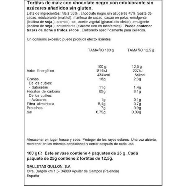 Tortitas De Maíz Con Chocolate Negro Sin Azúcares VITALDAY GULLÓN 100g. 4 Tortitas De Maíz Con Chocolate Negro Sin Azúcares VITALDAY GULLÓN 100g. - Imagen 2