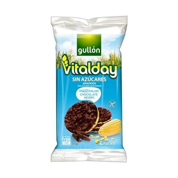 Tortitas De Maíz Con Chocolate Negro Sin Azúcares VITALDAY GULLÓN 100g. 3 Tortitas De Maíz Con Chocolate Negro Sin Azúcares VITALDAY GULLÓN 100g.